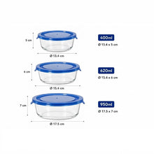 Cargar imagen en el visor de la galería, QUTTIN Set de 3 Fiambreras Hermética de Cristal con Tapa Azul | Táper de Vidrio Borosilicato | Apto para Microondas, Horno, Congelador y Lavavajillas | Rectangular, Cuadrada y Redonda