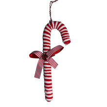 Cargar imagen en el visor de la galería, 6 Colgantes Bastón de Caramelo Spiral Rojo y Blanco 22 cm con Lazo y Piedra Efecto Diamante – Decoración Navideña