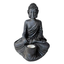 Cargar imagen en el visor de la galería, Figura de Buda Sentado Negro con Luz Solar LED RESINA 28X21,5X21,5 CM Para Decoración de Jardín Exterior IP44