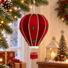 Cargar imagen en el visor de la galería, Adorno Navideño Colgante Globo Aerostático Rojo - Decoración de Navidad de Poliéster, Plástico y Espuma con Detalles Brillantes (16x27 cm)