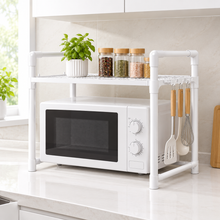 Cargar imagen en el visor de la galería, Estantería para Microondas Organizador de Cocina 2 y 3 Niveles con Ganchos - Soporte Encimera Multiusos Acero (Negro / Blanco)