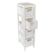 Cargar imagen en el visor de la galería, Mueble Sinfonier Cajonera MDF / Paulwonia Con 4 Cestas Trenzada - Color Blanco, Mueble de almacenaje con 4 cestas, Mesillas de noche, Muebles de dormitorio o Baño