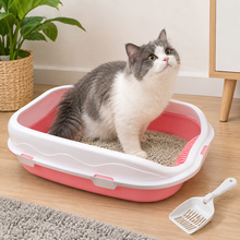 Cargar imagen en el visor de la galería, Arenero para Gatos con Pala, Bandeja Sanitaria para Gatos 50 x 39 x 19 cm, Fácil de Limpiar, Bordes Altos, Color Aleatorio