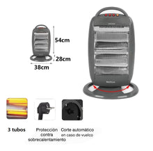 Cargar imagen en el visor de la galería, Estufa Halógena Calefactor portátil de bajo consumo, Calentador eléctrico con 3 potencias: 400W, 800W y 1200W con 3 tubos, Para el hogar y oficina
