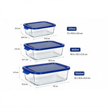 Cargar imagen en el visor de la galería, QUTTIN Set de 3 Fiambreras Hermética de Cristal con Tapa Azul | Táper de Vidrio Borosilicato | Apto para Microondas, Horno, Congelador y Lavavajillas | Rectangular, Cuadrada y Redonda