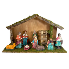 Cargar imagen en el visor de la galería, Portal de Nacimiento con Figuras de Resina Pesebre de Madera Belen para Decoracion de Navidad 15x40x25 cm