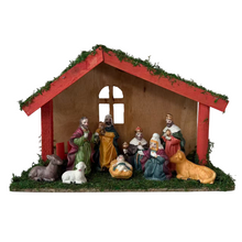 Cargar imagen en el visor de la galería, Portal de Nacimiento con Figuras de Resina Pesebre de Madera Belen para Decoracion de Navidad 15x40x25 cm