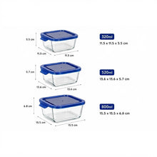 Cargar imagen en el visor de la galería, QUTTIN Set de 3 Fiambreras Hermética de Cristal con Tapa Azul | Táper de Vidrio Borosilicato | Apto para Microondas, Horno, Congelador y Lavavajillas | Rectangular, Cuadrada y Redonda