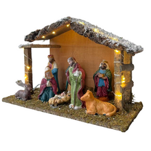 Cargar imagen en el visor de la galería, Portal de Nacimiento con 8 Figuras de Resina 20 LED Cálida Pesebre de Madera Belen 29.5x19.5x12cm para Decoracion de Navidad