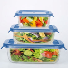 Cargar imagen en el visor de la galería, QUTTIN Set de 3 Fiambreras Hermética de Cristal con Tapa Azul | Táper de Vidrio Borosilicato | Apto para Microondas, Horno, Congelador y Lavavajillas | Rectangular, Cuadrada y Redonda