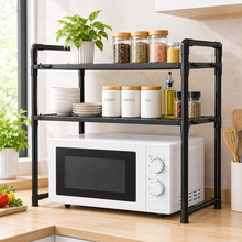 Cargar imagen en el visor de la galería, Estantería para Microondas Organizador de Cocina 2 y 3 Niveles con Ganchos - Soporte Encimera Multiusos Acero (Negro / Blanco)