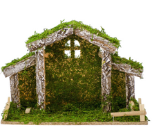 Cargar imagen en el visor de la galería, Portal de Belén Artesanal de Madera y Musgo Natural (40x18x27 cm) – Pesebre Navideño Tradicional para Figuras de 10 cm (No Incluidas)