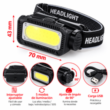 Cargar imagen en el visor de la galería, Linterna de cabeze frontal led recargables USB-C – 2 Modelos A/B – 5/6 Modos – Ajustable – IPX4 gran luminosidad e iluminacion para campo, camping al aire libre, escalada de montaña y minería y reparación de automóviles
