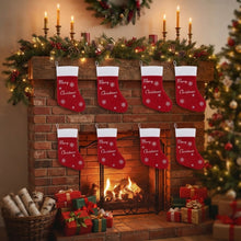 Cargar imagen en el visor de la galería, Set 12 Botas de Navidad de Poliéster 6x15 cm – Calcetines Navideños Rojos con Diseño de Copos de Nieve y Texto "Merry Christmas" para Decoración Colgante de Árbol y Regalos