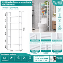 Cargar imagen en el visor de la galería, Estantería Baño 5 Niveles sobre Inodoro 155x39x25 cm – Organizador de Almacenamiento Vertical de Acero Blanco o Negro