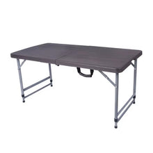 Cargar imagen en el visor de la galería, Mesa Plegable Portatil Rectangular 60 x 118 x H 54-74 cm altura ajustable color marron imitacion madera Plástico Exterior e Interior Mueble de Camping Mesa de campamento