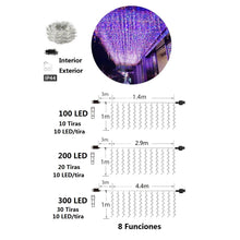 Cargar imagen en el visor de la galería, Cortina de Luces LED de Navidad – 100 / 200 / 300 LED – 8 Funciones – Cable Transparente – IP44 Interior y Exterior