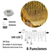 Cargar imagen en el visor de la galería, Cortina de Luces LED de Navidad 100 LED – 2.5 m, 20 Tiras, 8 Funciones interior y exterior