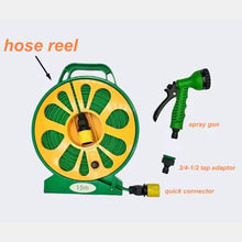 Cargar imagen en el visor de la galería, Manguera de Riesgo de Jardín con Soporte y Pistola Rociadora de 7 Funciones, Conectores de 1/2 y 3/4 Pulgadas, Manguera de Riego con Carrete Resistente Ligero y Potatíl 15 m