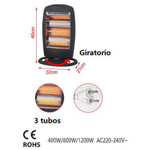Cargar imagen en el visor de la galería, Estufa Halógena Calefactor portátil de bajo consumo, Calentador eléctrico con 3 potencias: 400W, 800W y 1200W con 3 tubos, Para el hogar y oficina