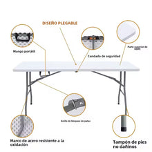 Cargar imagen en el visor de la galería, Mesa Plegable Portatil Rectangular Blanca PLÁSTICO 180X75.5X74CM Exterior e Interior Mueble de Camping Mesa de campamento