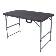 Cargar imagen en el visor de la galería, Mesa Plegable Portatil Rectangular 60 x 118 x H 54-74 cm altura ajustable color marron imitacion madera Plástico Exterior e Interior Mueble de Camping Mesa de campamento