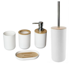 Cargar imagen en el visor de la galería, Juego de Accesorios de Baño 4-5 Piezas de Plástico y Bambú – Accesorios de baño Vaso Portacepillos de Dientes, Dispensador de jabón, Plato de jabón / jabonera, Escobillero de aseo / Cepillo de inodoro