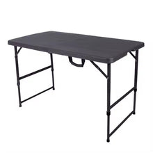 Cargar imagen en el visor de la galería, Mesa Plegable Portatil Rectangular 60 x 118 x H 54-74 cm altura ajustable color marron imitacion madera Plástico Exterior e Interior Mueble de Camping Mesa de campamento