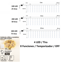Cargar imagen en el visor de la galería, Cortina de Luces LED Multicolor, Blanco Cálido y Blanco Frío con Pilas | Cable Transparente | 8 Funciones y Temporizador | Interior y Exterior | Navidad | Kmt Style