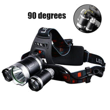 Cargar imagen en el visor de la galería, Linterna frontal Led 90 grados de cabeza con 4 modos T6/R5 3 piezas recargable