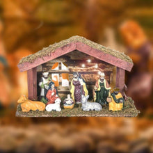 Cargar imagen en el visor de la galería, Nacimiento 9 Piezas de Resina Con Portal Pesebre Madera Con Luz de 8 Bombias de LED Luminoso Belén Para de Decoracion de Navidad