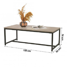 Cargar imagen en el visor de la galería, Mesa de Centro Pie Metálico de Acero, Lacado en Negro y Madera MDF Color Roble de 36x50x100 cm