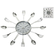 Cargar imagen en el visor de la galería, Reloj de pared cocina estilo cubiertos cuchillos y tenedor 37 cm color plateado