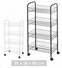 Cargar imagen en el visor de la galería, Frutero metal 4 plantas blanco negro estanterias ruedas 38 x 26 x 80 cm carro