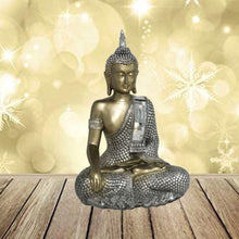 Cargar imagen en el visor de la galería, Buda sentada hogar figura decorativa bakti y dharma resina 27 cm y 17 cm