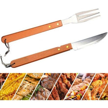 Cargar imagen en el visor de la galería, Cuchillo y tenedor de barbacoa utensilios mango madera
