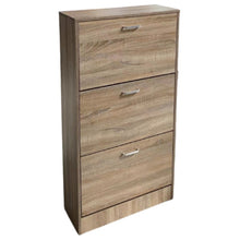 Cargar imagen en el visor de la galería, MUEBLE ZAPATERO DE 3 CAJONES BLANCO/ROBLE 63 x 24 x 120 cm para 18 pares zapatos