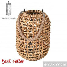 Cargar imagen en el visor de la galería, Farol redondo mimbre con candelera para velas, asa cáñamo colgante luz hogar