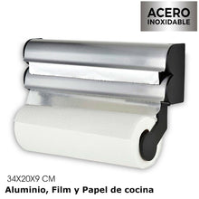 Cargar imagen en el visor de la galería, Quttin - Dispensador Portarrollos De Cocina Para Papel de Aluminio Film Trasparente Papel De Cocina Organizador 3 En 1 Para Pared 34x20x9 cm