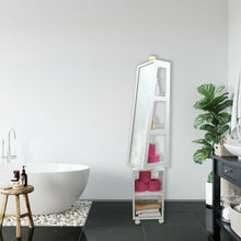 Cargar imagen en el visor de la galería, Mueble de Baño Columna Armario Giratorio Con Ruedas con Espejo 3 Conpartimentos 2 Estantes, Armario de Lavabo