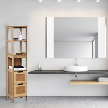Cargar imagen en el visor de la galería, Mueble de baño Armario Columna Bambú 2 Cajones + 3 Estantes - Mahe Madera