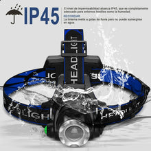 Cargar imagen en el visor de la galería, Linterna de cabeze frontal led 3 posiciones con pilas recargables 800LM Acampada
