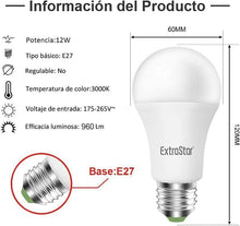 Cargar imagen en el visor de la galería, Pack 6 Bombillas LED 12W E27 800 lúmenes Casquillo Gordo, Luz Cálida, Frio