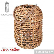 Cargar imagen en el visor de la galería, Farol redondo mimbre con candelera para velas, asa cáñamo colgante luz hogar