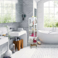 Cargar imagen en el visor de la galería, Mueble de Baño Columna Armario Giratorio Con Ruedas con Espejo 3 Conpartimentos 2 Estantes, Armario de Lavabo