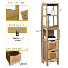 Cargar imagen en el visor de la galería, Mueble de baño Armario Columna Bambú 2 Cajones + 3 Estantes - Mahe Madera