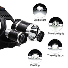 Cargar imagen en el visor de la galería, Linterna frontal Led 90 grados de cabeza con 4 modos T6/R5 3 piezas recargable