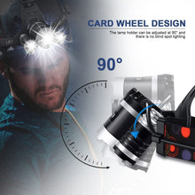 Cargar imagen en el visor de la galería, Linterna frontal Led 90 grados de cabeza con 4 modos T6/R5 3 piezas recargable