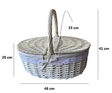 Cargar imagen en el visor de la galería, Cesta Mimbre Oval con 2 tapas PUNTILLA Grande Blanco 46 x 33 x 20 con asa 41 cm