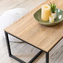 Cargar imagen en el visor de la galería, Mesa de Centro Pie Metálico de Acero, Lacado en Negro y Madera MDF Color Roble de 36x50x100 cm